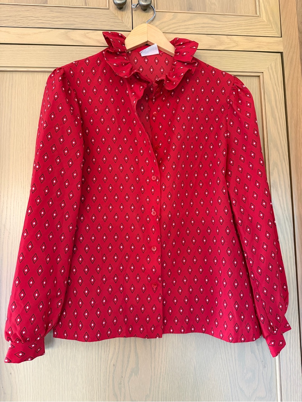 Vintage Russ Red Ruffle Collar Long Sleeve Secretary Blouse / M-LG